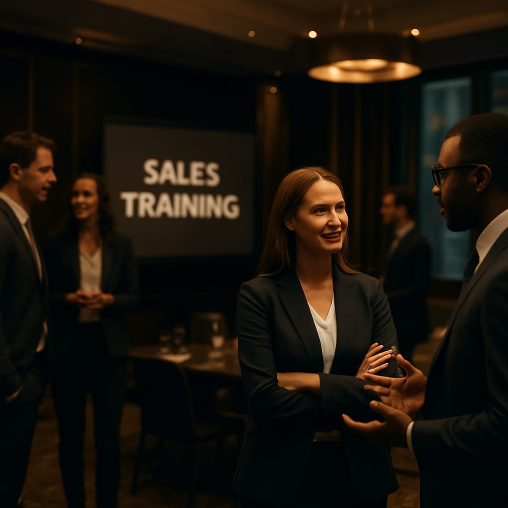 Sales professionals networking at a premium high-ticket sales workshop in London